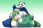  2021 absurd_res anthro belly blue_body blue_fur blush clothing debudave_12 duo fur giant_panda green_hair hair hi_res human kemono male mammal overweight overweight_male shirt sitting topwear ursid white_body white_fur young 