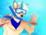  5_fingers animated anthro blue_eyes brown_body brown_fur canid canine dipstick_ears eyewear fingers fish frame_by_frame fur goggles hair male mammal marine multicolored_ears neckerchief peyotethehyena short_playtime snorkel solo underwater water white_hair 
