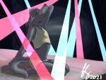  2021 4:3 absurd_res anthro canid canine canis clothed clothing collar digital_media_(artwork) furry_soren happy hi_res inside kneeling lights looking_at_viewer male mammal partially_clothed scar skimpy solo soren_(furry_soren) stage stage_lights stretching strip_club wolf 
