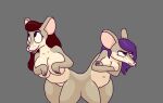  anthro black_eyes breasts buckteeth buttjoined conjoined duo female fur genitals grumpy hair happy mammal mouse murid murine nude open_mouth purple_hair pussy red_hair rodent tan_body tan_fur teeth theyton 