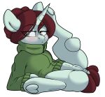  2019 absurd_res alpha_channel anus blush brown_hair clothing equid equine fan_character female fur genitals green_eyes hair hasbro hi_res hoodie hooves horn itsspoopsb looking_aside mammal my_little_pony pussy simple_background solo taffeta_(oc) topwear transparent_background unicorn white_body white_fur 