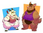  anthro bottomless bovid brown_body brown_fur brown_hair caprine chiropteran clothed clothing duo eyewear fur glasses goat hair hi_res horn male mammal overweight overweight_anthro overweight_male shirt standing syc tank_top thick_thighs tongue tongue_out topwear white_body white_fur white_hair 