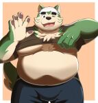  2021 anthro belly big_belly black_nose bottomwear bulge canid canine canis clothing domestic_dog fur green_body green_fur humanoid_hands kemono live-a-hero male mammal mokdai moobs one_eye_closed overweight overweight_male pants shirt simple_background solo tinhotarou topwear video_games wink 
