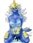  anthro armor belly big_breasts blue_body breasts featureless_breasts featureless_crotch female fur hair headgear hi_res looking_at_viewer nintendo nude pok&eacute;mon pok&eacute;mon_(species) red_eyes samurott simple_background snout solo spread_legs spreading video_games wantwo white_hair 