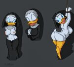  2021 anatid anseriform anthro avian bdsm bird bondage bound breasts butt clothed clothing daisy_duck disney duck female fingers hi_res looking_back lying nipple_outline non-mammal_breasts nun on_front open_mouth portrait rear_view religion rope side_boob solo vylfgor white_body 