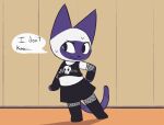  animal_crossing bottomwear clothing domestic_cat english_text felid feline felis female fishnet fishnet_legwear fur goth legwear mammal mitzi_(animal_crossing) mrdegradation nintendo purple_body purple_fur skirt solo text video_games white_body white_fur 