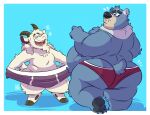  anthro belly blue_body blue_fur blush bovid butt caprine clothed clothing duo eyewear fur glasses goat hi_res horn male mammal overweight overweight_anthro overweight_male syc topless underwear ursid white_body white_fur 