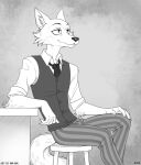  2020 5_fingers anthro beastars canid canine canis claws clothed clothing digital_media_(artwork) fingers legoshi_(beastars) male mammal monochrome necktie nim-nim signature sitting solo wolf 