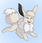  2021 brown_body digital_media_(artwork) eevee eyes_closed feral fur grumpy_griffin_creations hair happy hi_res male nintendo nude open_mouth pok&eacute;mon pok&eacute;mon_(species) running simple_background smile solo standing video_games 