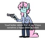  2019 anthro bottomwear clothing delet_this dialogue english_text equid equine eyes_closed female_(lore) footwear gun hair hasbro holding_gun holding_object holding_weapon horn itsspoopsb male mammal meme my_little_pony pants pink_hair ranged_weapon scoops shoes simple_background smile solo standing text unicorn weapon white_background 