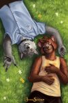  5_fingers anthro canid canine canis clothed clothing digital_media_(artwork) duo feet fingers flower fur gesture grass hair happy hi_res jakeseeker looking_at_viewer lying lying_on_ground male mammal pawpads plant procyonid raccoon simple_background teeth toes wolf 