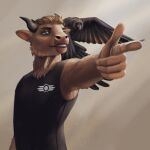  1:1 absurd_res anthro avian bird bovid bovine cattle clothed clothing corvid corvus_(genus) dice_(dice_throw) fingers fur gesture hair hi_res horn jakeseeker male mammal open_mouth oscine passerine pet pointing raven simple_background smaller_version_at_source smile solo teeth 