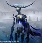  1_eye ambiguous_gender arm_markings cape clothing cosmic_clothing deity halo horn humanoid long_horn markings moyexingchen restricted_palette solo 