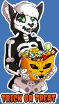  2021 anthro bone clothed clothing costume digital_media_(artwork) domestic_cat felid feline felis food fur grumpy_griffin_creations hair halloween hi_res holidays looking_at_viewer male mammal simple_background skeleton skeleton_costume skeleton_suit smile solo standing 