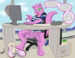  anthro blush bodily_fluids bojack_horseman boots bottomless bottomwear chair clothed clothing computer desk dialogue domestic_cat embarrassed english_text felid feline felis female footwear frist44 furniture genitals hat headgear headwear hi_res highrise inside keyboard looking_at_viewer mammal netflix paws plant princess_carolyn pussy skirt steam sweat text window 