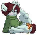  2019 absurd_res alpha_channel blush brown_hair clothing convenient_censorship equid equine fan_character female food fur green_eyes hair hasbro hi_res hoodie hooves horn itsspoopsb looking_aside mammal my_little_pony pizza pizza_slice simple_background smile solo taffeta_(oc) topwear transparent_background unicorn white_body white_fur 