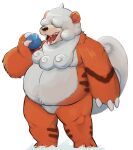  anthro black_nose curled_hair curled_tail facial_piercing food fur hair hair_over_eye hair_over_eyes hi_res hisuian_growlithe ijdraws male multicolored_body multicolored_fur nintendo nose_piercing obese one_eye_obstructed open_mouth orange_body orange_fur overweight piercing pok&eacute;mon pok&eacute;mon_(species) pokemon_legends_arceus regional_form_(pok&eacute;mon) solo teeth two_tone_body two_tone_fur video_games white_body white_fur 