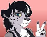  2021 anthro clothed clothing digital_media_(artwork) felid female fur gesture grumpy_griffin_creations hair looking_at_viewer mammal pantherine simple_background smile snow_leopard solo topwear v_sign 