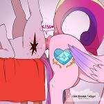  1:1 2021 ambiguous_gender anal_kiss anus cold-blooded-twilight cutie_mark digital_media_(artwork) duo english_text equid equine female feral friendship_is_magic hasbro hi_res lying mammal multicolored_tail my_little_pony on_back pegasus princess_cadance_(mlp) side_view simple_background text twilight_sparkle_(mlp) wings 