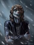  anthro blizzard_(weather) claws clothed clothing desperation didelphid digital_media_(artwork) ear_piercing facial_piercing fangs fur hair hi_res jacket jakeseeker leather leather_clothing leather_jacket leather_topwear lips looking_at_viewer male mammal marsupial metalhead nose_piercing nose_ring outside piercing shirt simple_background snow solo teeth topwear winter 