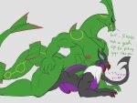  4:3 anal anal_penetration anthro anthro_on_anthro anthro_penetrated anthro_penetrating anthro_penetrating_anthro anthrofied big_dom_small_sub black_body daikuhiroshiama dialogue dominant duo english_text genitals green_body grey_background hi_res legendary_pok&eacute;mon male male/male male_penetrated male_penetrating male_penetrating_male muscular muscular_anthro muscular_male nintendo nipples noivern nude pecs penetration penis pok&eacute;mon pok&eacute;mon_(species) purple_penis rayquaza simple_background size_difference text tongue tongue_out video_games 