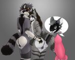  absurd_res anthro butt butt_grab canid canine duo erection genitals gradient_background group hand_on_butt hi_res kvn_poulsen kvnpoulsen machine male male/male mammal penis presenting procyonid protogen raccoon raccoon_dog shanukk simple_background star_(5t4-r) tanuki 