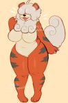  2021 anthro big_breasts breasts canid canine claws colored curvaceous curvy_figure fangs female fluffy fluffy_tail fur hair_over_eyes hi_res hisuian_growlithe mammal moondropwitch neck_tuft nintendo obscured_eyes pok&eacute;mon pok&eacute;mon_(species) pokemon_legends_arceus red_body red_fur regional_form_(pok&eacute;mon) simple_background slightly_chubby smile solo standing stripes thick_thighs tongue tuft video_games voluptuous wide_hips 