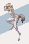  2021 4_toes anthro biped blonde_hair breasts canid canine canis countershade_fur countershade_legs countershade_torso countershading dewclaw digital_drawing_(artwork) digital_media_(artwork) digitigrade feet female fluffy fluffy_tail fur grey_body grey_fur grey_nipples hair hand_on_head lethal_doors mammal medium_breasts nipples nude pose side_view simple_background slim solo toes white_body white_countershading wolf 