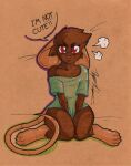  angry anthro blush brown_body brown_fur clothing dialogue fur girly hi_res male mammal mouse murid murine oversized_shirt rodent rotten_owl shirt solo topwear traditional_media_(artwork) 