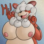  1:1 anthro big_breasts breasts canid canine digital_media_(artwork) english_text eyes_covered female fur hair_over_eyes hi_res hisuian_growlithe huge_breasts mammal neksu nintendo nipples open_mouth overweight pok&eacute;mon pok&eacute;mon_(species) pokemon_legends_arceus regional_form_(pok&eacute;mon) slightly_chubby solo text video_games 