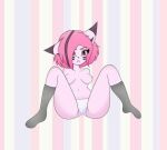  anthro black_clothing black_footwear black_socks breasts camel_toe cheek_marks clothed clothing dipstick_ears felid feline female footwear genitals hair highlights_(coloring) mammal multicolored_ears navel nipples open_mouth panties partially_clothed pattern_background pink_eyes pink_hair pussy simple_background socks solo spread_legs spreading striped_background teenager temperflash topless underwear valdroxx_studios_(artist) white_panties young 