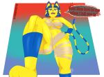  angry animal_crossing ankha_(animal_crossing) bandage blue_eyes breasts chest_tuft clothed clothing dialogue domestic_cat egyptian eyebrows eyelashes fangs feet felid feline felis female fur fur_markings fur_pattern fur_tuft hair half-closed_eyes hand_on_hip headgear hi_res looking_at_viewer low-angle_view mammal markings multicolored_body multicolored_fur multicolored_hair multicolored_tail narrowed_eyes nintendo nipple_outline open_mouth partially_clothed sharp_teeth simple_background skimpy solo sp_advanced speech_bubble step_pose stepped_on stepping talking_to_viewer teeth text tongue tuft under_boob video_games wide_hips wrappings yelling yellow_body yellow_fur 