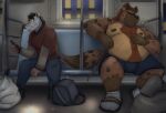  2021 anthro belly bottomwear clothing detailed_background dippubear duo hi_res humanoid_hands hyaenid inside_train male male/male mammal moobs murid murine nipples overweight overweight_male pants rat rodent shirt shorts sitting topwear 