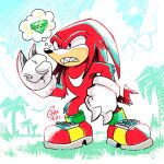  1:1 anthro clothing day echidna footwear gloves grass handwear knuckles_the_echidna male mammal monotreme palm_tree pictographics plant sega signature solo sonic_the_hedgehog_(series) teeth the-chu thought_bubble tree video_games 