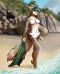  2021 anthro breasts canid canine casual_nudity day detailed_background digital_media_(artwork) feet female fingers fur hair heterochromia invalid_tag mammal nude outside sky solo toes tril-mizzrim 