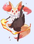  ambiguous_gender anthro biped black_body black_fur blush braixen canid canine fangs featureless_crotch fur grey_background hi_res inner_ear_fluff looking_at_viewer mammal mizo_ne nintendo open_mouth open_smile orange_body orange_fur pok&eacute;mon pok&eacute;mon_(species) pose raised_leg red_eyes simple_background smile solo spread_legs spreading standing stick thick_thighs tuft video_games white_body white_fur yellow_body yellow_fur 