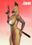  accipitrid accipitriform anthro avian beak bikini bird breasts clothed clothing feathers female gloves gun hand_on_butt handwear hi_res holding_object holding_weapon navel nipple_outline non-mammal_breasts pirin-apex ranged_weapon side_view simple_background smile solo swimwear tail_feathers weapon yellow_eyes 