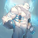  1:1 2021 abs anthro big_muscles blue_background blue_markings blue_sclera braided_fur claws ear_piercing fur glowing glowing_eyes hi_res jrjresq league_of_legends male mammal markings muscular muscular_anthro muscular_male nude pecs piercing polar_bear riot_games simple_background solo standing tuft ursid ursine video_games volibear white_body white_fur 