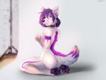  2021 4:3 4_toes 5_fingers anthro breasts canid canine canis collar digital_media_(artwork) domestic_dog evange eyebrows eyelashes feet female fingers fur hair hi_res mammal nude pawpads purple_hair purple_pawpads smile solo toes white_body white_fur 