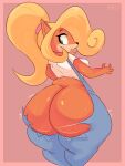  3:4 4_fingers activision anthro bandicoot behniis big_butt blonde_hair bodily_fluids breasts butt clothing coco_bandicoot crash_bandicoot_(series) exposed_butt eyelashes female fingers fur green_eyes hair hi_res huge_butt looking_back makeup mammal marsupial mascara orange_body orange_fur overalls pear-shaped_figure ponytail rear_view side_boob simple_background slightly_chubby solo sweat thick_thighs torn_clothing video_games wardrobe_malfunction wide_hips 