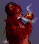  2021 5_fingers anthro breasts cigarette claws digital_media_(artwork) female fingers fur hair horn jesterghastly nude orange_eyes red_body red_fur red_hair smoke_from_mouth smoking solo 