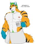  4:5 abs anthro beard biceps canid canine cup dialogue dream_and_nightmare facial_hair felid feline fox green_hair hair hi_res holding_cup holding_object hybrid male mammal muscular muscular_anthro muscular_male nipples orange_body pantherine pecs pink_nipples simple_background solo stripes text tiger towel 