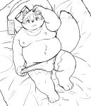  2021 anthro bed belly bodily_fluids bulge canid canine clothed clothing erection erection_under_clothing furniture genital_fluids hi_res iittkkinfinity kemono lying male mammal monochrome moobs nipples overweight overweight_male pillow precum raccoon_dog solo tanuki underwear 
