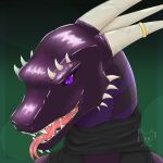  1:1 2021 anthro bust_portrait digital_drawing_(artwork) digital_media_(artwork) dragon fangs hi_res horn looking_at_viewer male malekart open_mouth portrait purple_body purple_eyes ring rubber scarf shaded signature simple_background smile solo tongue tongue_out 