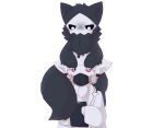  2020 6_ni ambiguous_gender anthro black_body black_fur blush bodily_fluids canid canine canis changed_(video_game) clipboard clothing coat daww digital_media_(artwork) dr._k_(changed) duo front_view fur gas_mask hand_on_head hi_res holding_object lab_coat looking_at_another male mammal mask puro_(changed) red_eyes simple_background standing_on_another standing_on_shoulders sweat topwear white_background white_body white_eyes white_fur wolf 