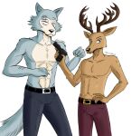  2021 5_fingers abs absurd_res anthro antlers arm_scar athletic athletic_anthro athletic_male beastars belt black_nose bottomwear brown_body brown_fur canid canine canis cervid cervine claws clothed clothing countershade_face countershade_torso countershading digital_media_(artwork) duo eye_scar facial_scar finger_claws fingers fur grey_body grey_fur gun hand_on_hip hand_on_own_hip handgun hi_res holding_gun holding_handgun holding_object holding_pistol holding_weapon horn humanoid_hands jde10 legoshi_(beastars) looking_at_viewer louis_(beastars) male mammal multicolored_body multicolored_fur navel pants pistol ranged_weapon red_deer scar signature simple_background standing tan_body tan_countershading tan_fur topless topless_male trigger_discipline two_tone_body two_tone_fur weapon white_background wolf 