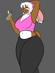  3:4 absurd_res anthro big_breasts blush bodily_fluids breasts clothed clothing female fur hair hi_res lagomorph leporid mammal mature_female rabbit simple_background sleepingpowder smile solo sweat thick_thighs yoga_pants 