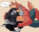  6:5 abs annoyed anthro black_body black_fur canid canine canis clothed clothing cuddling duo fur gakujo gaming grey_body grey_fur head_on_head hi_res invalid_tag larger_male male male/male mammal nintendo nintendo_switch pecs playing_videogame red_body red_fur size_difference sweatpants topless_male video_games wolf 