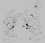  2018 animal_crossing anthro bells_(animal_crossing) big_ears blush bodily_fluids bonbon_(animal_crossing) bottomless bottomwear breasts butt canid canine canis cleavage clothed clothing collar cross-popping_vein curvy_figure domestic_dog duo featureless_crotch female furgonomics isabelle_(animal_crossing) lagomorph leporid long_ears mammal monochrome nintendo open_mouth purple_yoshi_draws rabbit running shih_tzu shirt shorts speech_bubble spiked_collar spikes sweat t-shirt topwear toy_dog video_games voluptuous wristband 