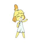  alpha_channel animal_crossing anthro canid canine canis clothing domestic_dog dress eyes_closed featureless_crotch female happy_harvey isabelle_(animal_crossing) mammal navel nintendo pawpads phone_drawing simple_background smile solo translucent translucent_clothing transparent_background tufted_fur video_games wave 